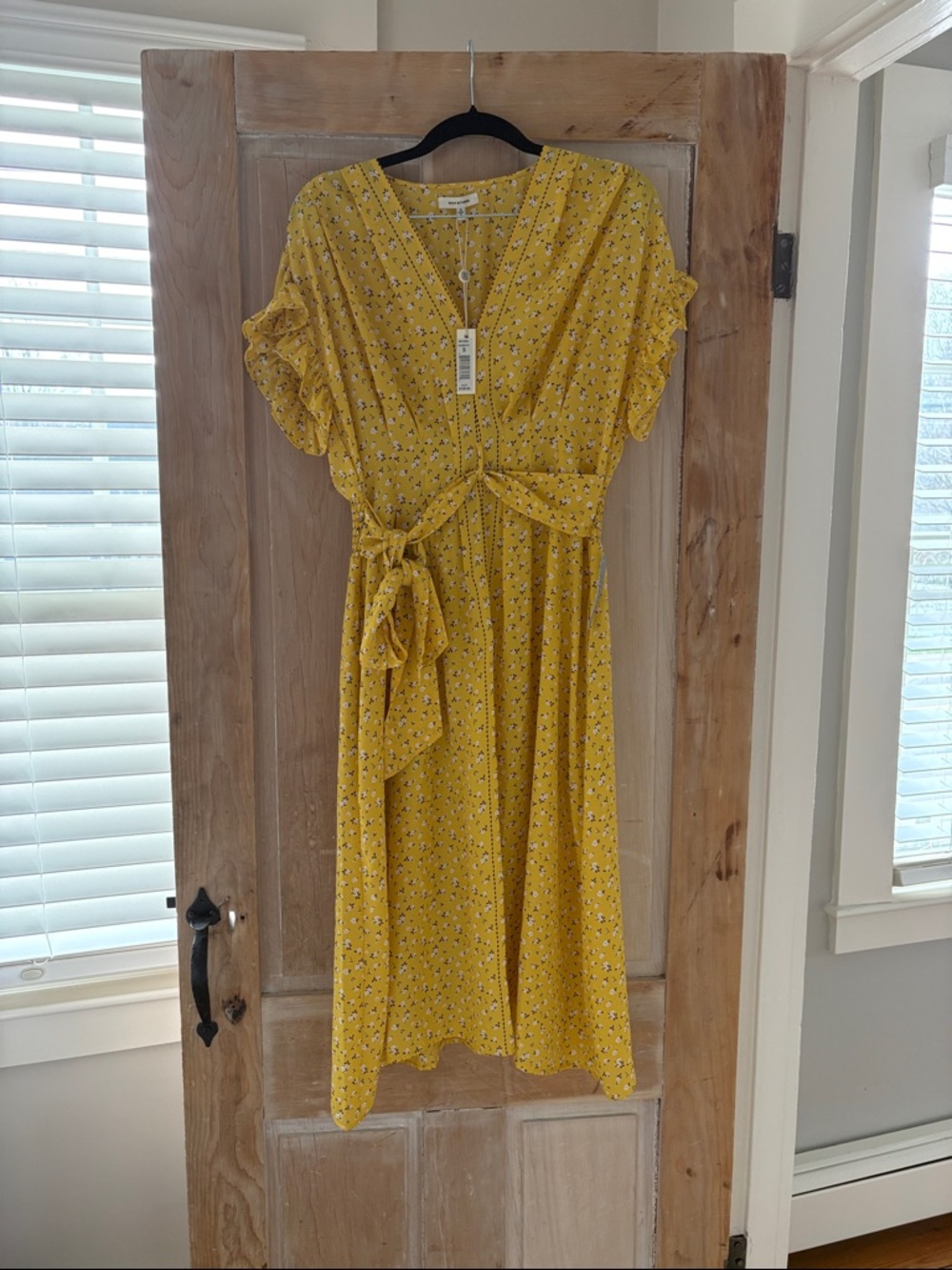 Max Studio Yellow Floral Tie-Waist Midi Dress